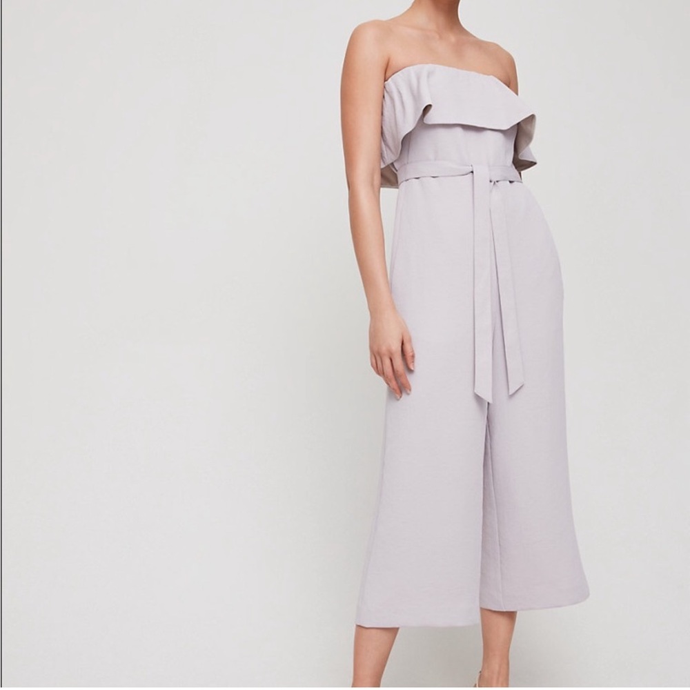 Aritzia Babaton Flutter Strapless Ruffle Sash Tie Jumpsuit